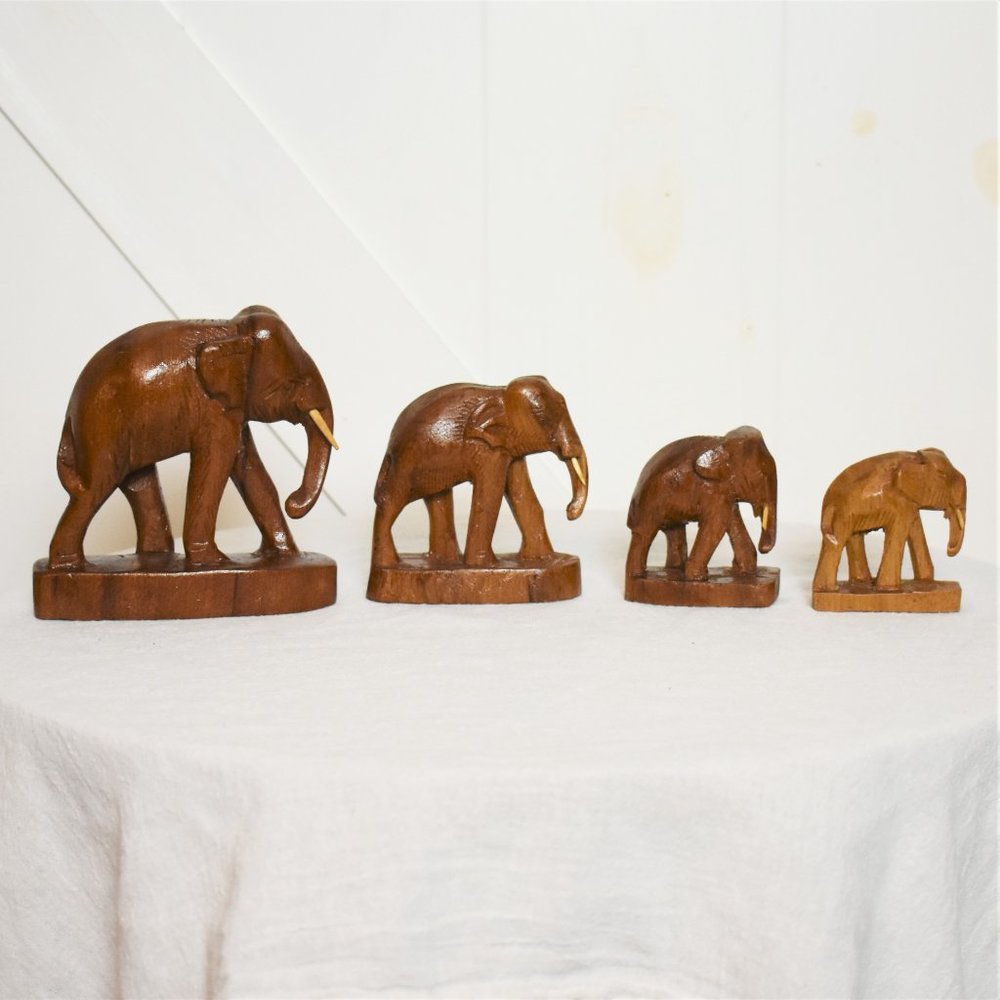 Vintage Handmade in Thailand Carved Teakwood Elephants set of 4 sizes